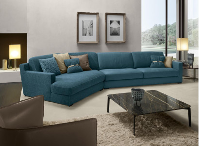 Dizaina sofa L formā mīkstajā krēslā dzīvojamā istabas mēbeles stūrakmens tekstils Zila